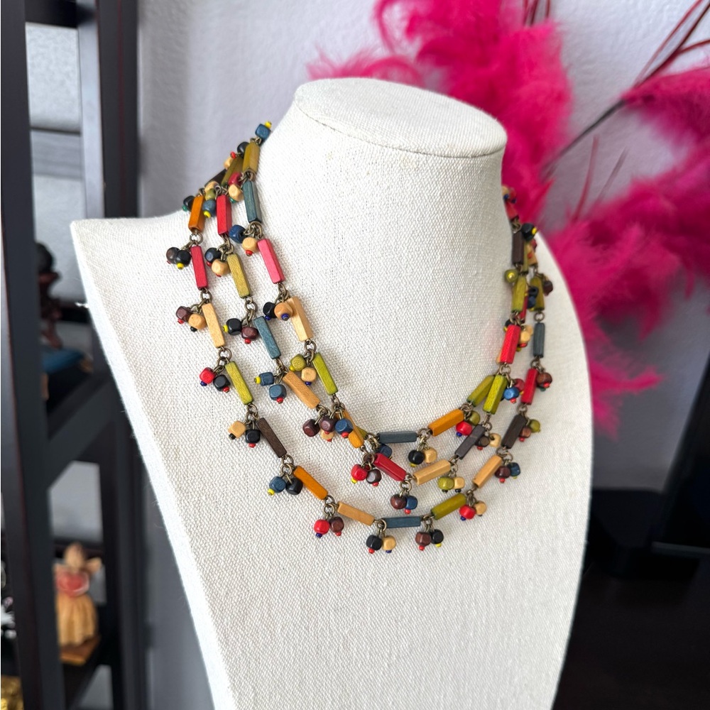 Artisan Multicolor Wood Beaded Necklace - Picture 5 of 9